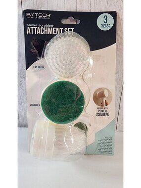 BYTECH 3PC POWER SCRUBBER ATTACHMENT SET BRUSH SPONGE REPLACEMENT HEADS